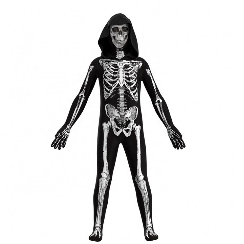 Partihandel livlig skrämmande Halloween cosplay rekvisita mänskliga skalle skelett huva jumpsuit hoodie kostymer för barn