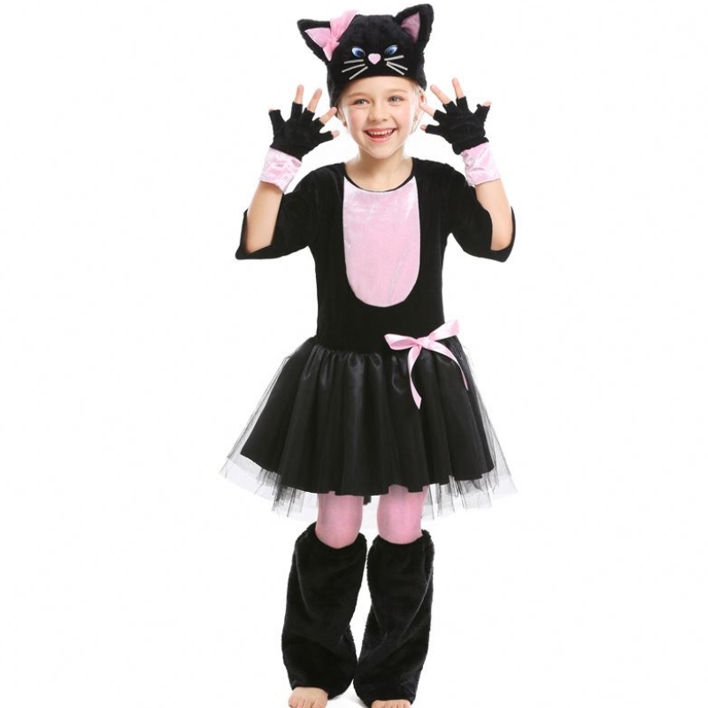 Girls Kitty Costume Halloween klä upp svart kattdräkt för barn 4-12Y DGHC-069