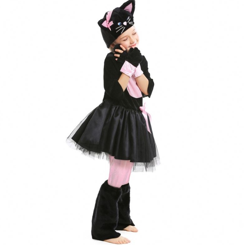 Girls Kitty Costume Halloween klä upp svart kattdräkt för barn 4-12Y DGHC-069