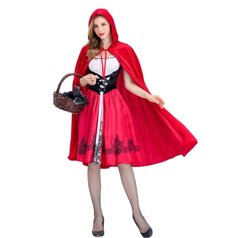 Kvinnor Little Red Riding Hood Costume Party Dress with Cape