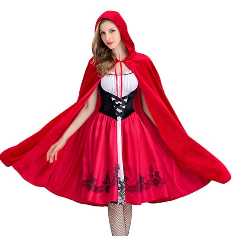 Kvinnor Little Red Riding Hood Costume Party Dress with Cape