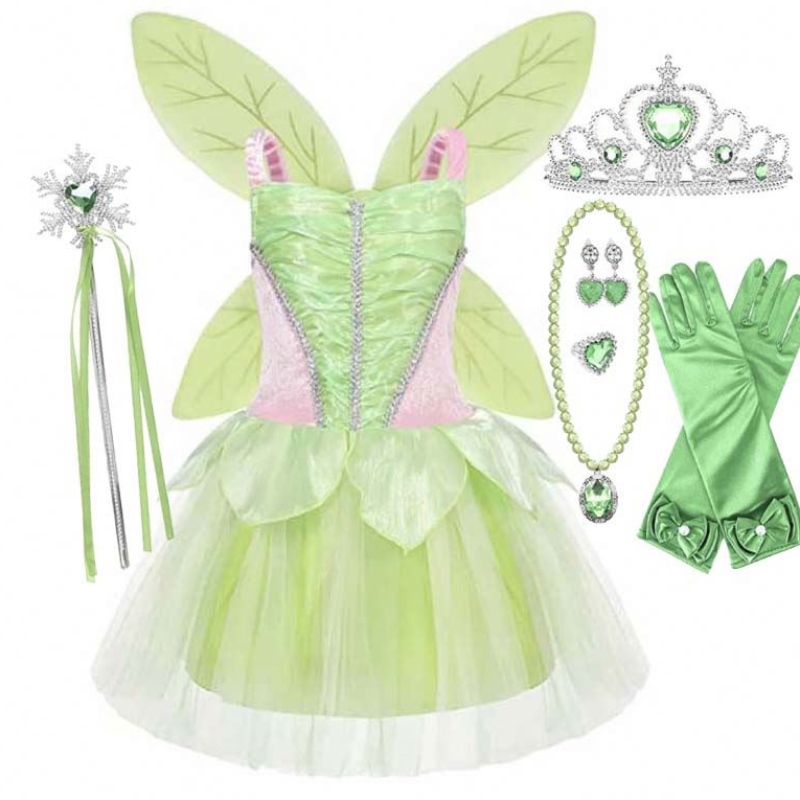 Halloween Cosplay Baby Girls Party Christmas Green Flower Fairy Tinker Bell Outfit With Butterfly Wings Set HCTB-005