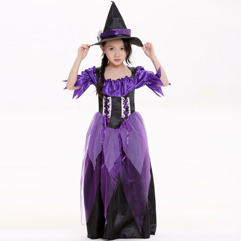 Carnival Party Mardi Gras Fantasia Child Kids Girl Fairytale Purple Witch Costume Kids With Hat HCVM-015