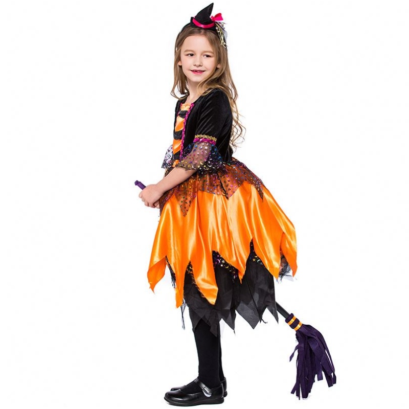 Halloween Fancy Party Dress Outfit Orange Kids Witch Clothes HCVM-018