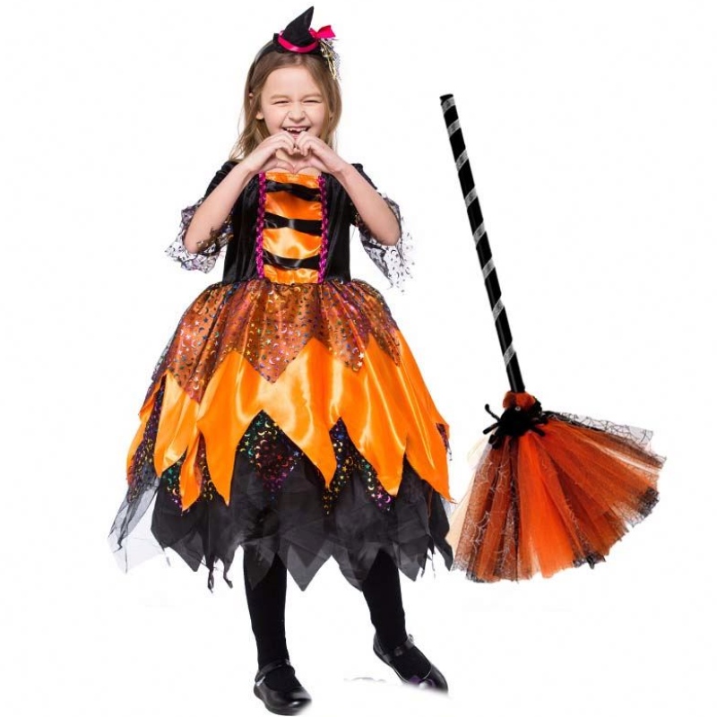 Halloween Fancy Party Dress Outfit Orange Kids Witch Clothes HCVM-018