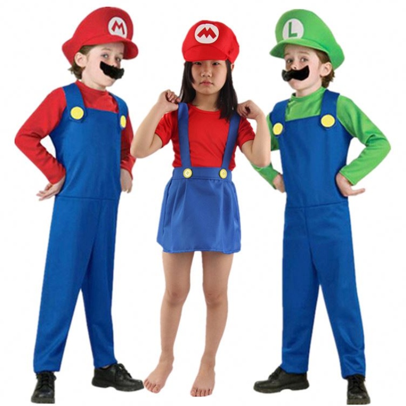 4-12y Child Super Mari Bros Cosplay Jumpsuit Suit Boy Girl Halloween Anime Fantasy Romper Luigi Brothers Dress Hat Costume