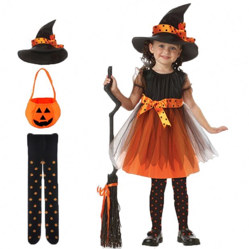 Witch Dress Clothing Set Hat Pumpkin Bag Pantyhose Children Girls Halloween Cosplay Witch Costume Teens Baby Girl Gown Spädbarn