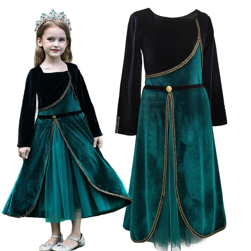 Elegant Anna klänning för flickor långärmad sammet barn halloween fest kostymer prinsessa fancy cosplay kläder
