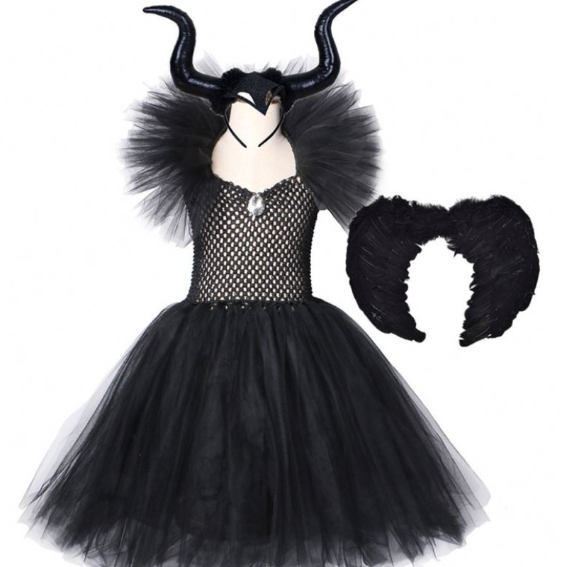 Barn svart djävul tutu kostym halloween flickor fancy tutu klänning med fjäder sjal kunglig drottning maleficent klänning klänning