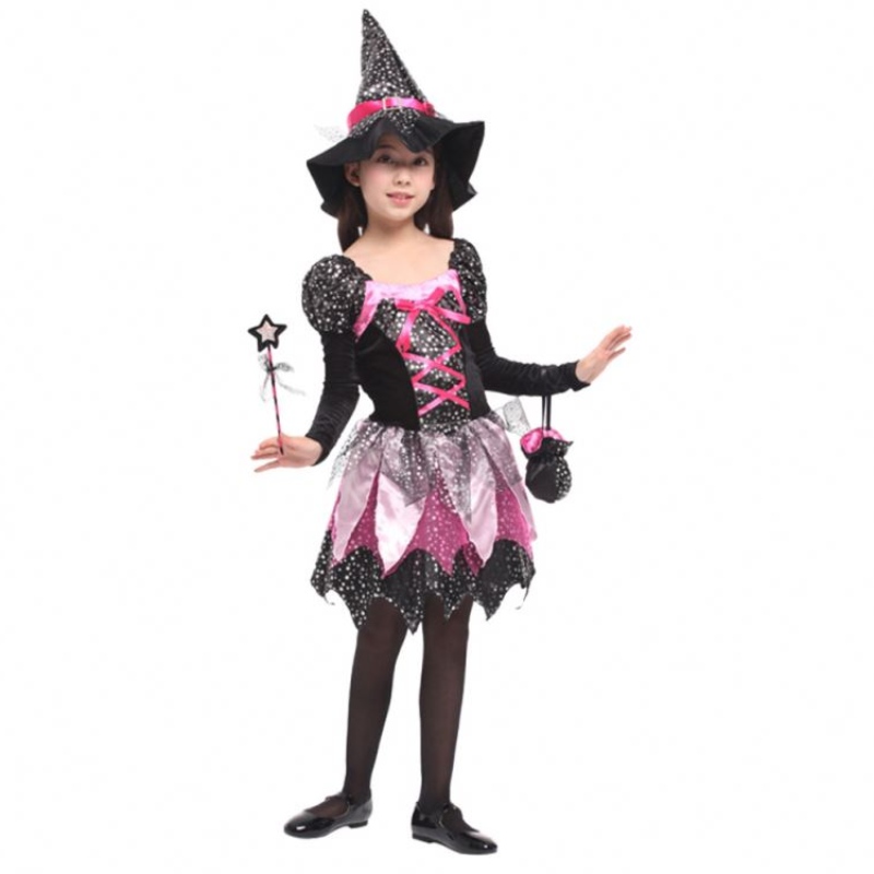 Kid Girls Wand klä upp kläder Halloween Witch Costume Sparkly Silver Stars Tryckt cosplayklänning med spetsig hatt