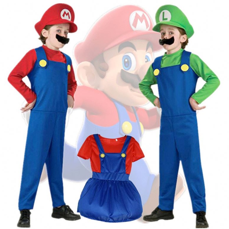 Child Super Mari Bros Cosplay Jumpsuit Suit Boy Girl Halloween Anime Fantasy Romper Luigi Brothers Dress Hat Costume