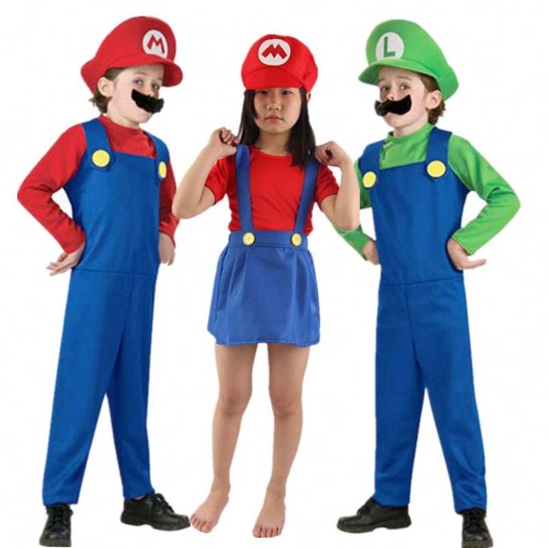 Child Super Mari Bros Cosplay Jumpsuit Suit Boy Girl Halloween Anime Fantasy Romper Luigi Brothers Dress Hat Costume