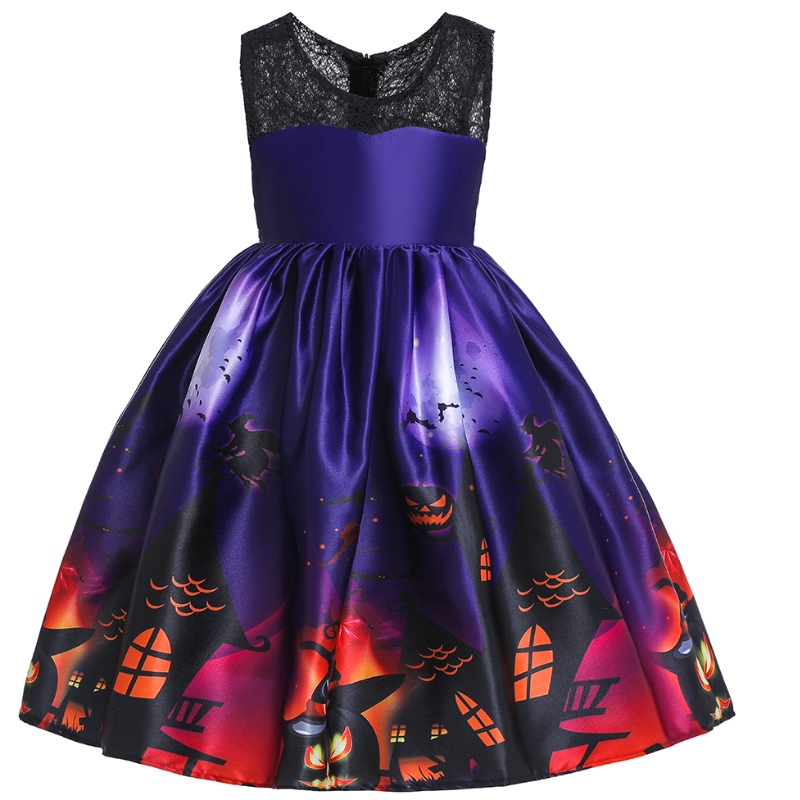 Barnens flygande ärmklänning Hallowen Princess Costume Ghost Print Dress With Hat