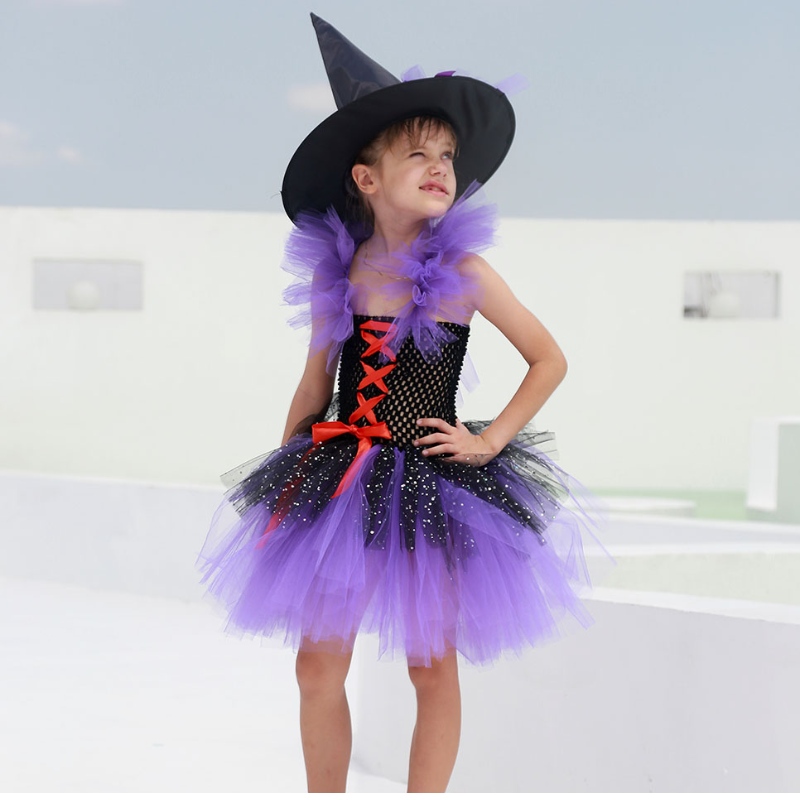 Amazon Hot Selling Tutu Witch Dress Costume For Girls With Witchy Hat Halloween Carnival Party