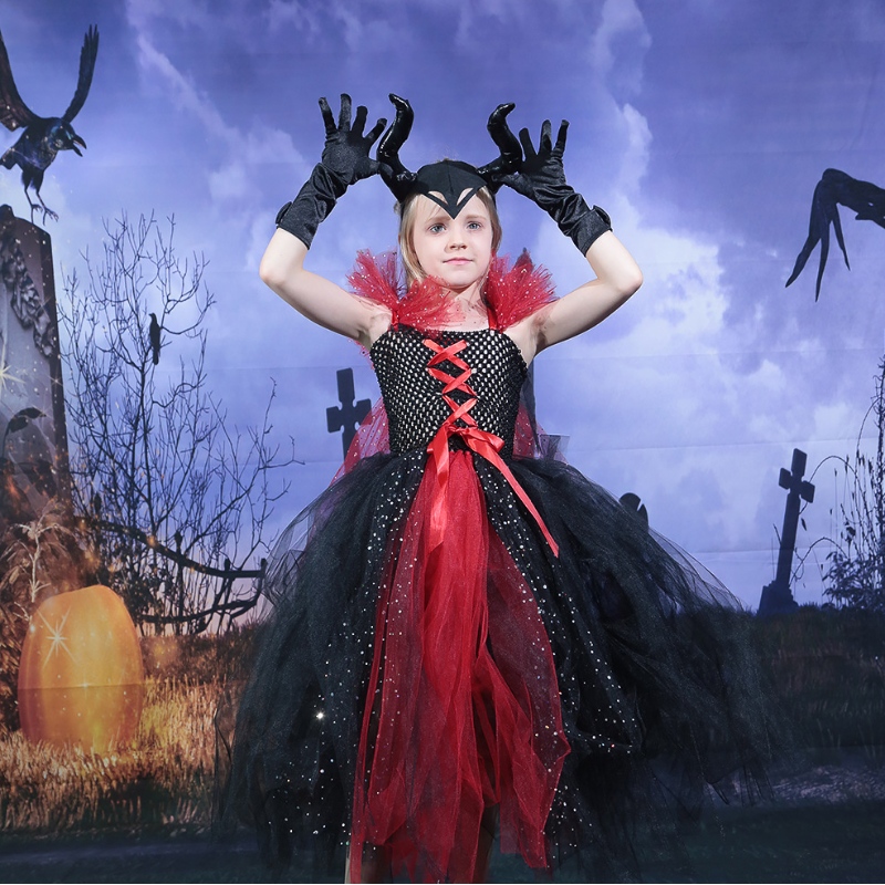 Amazon Hot Selling Kids Girls Deluxe Halloween Vampire Witch Costume Fairy Princess Evil Tutu Dress Horns pannband