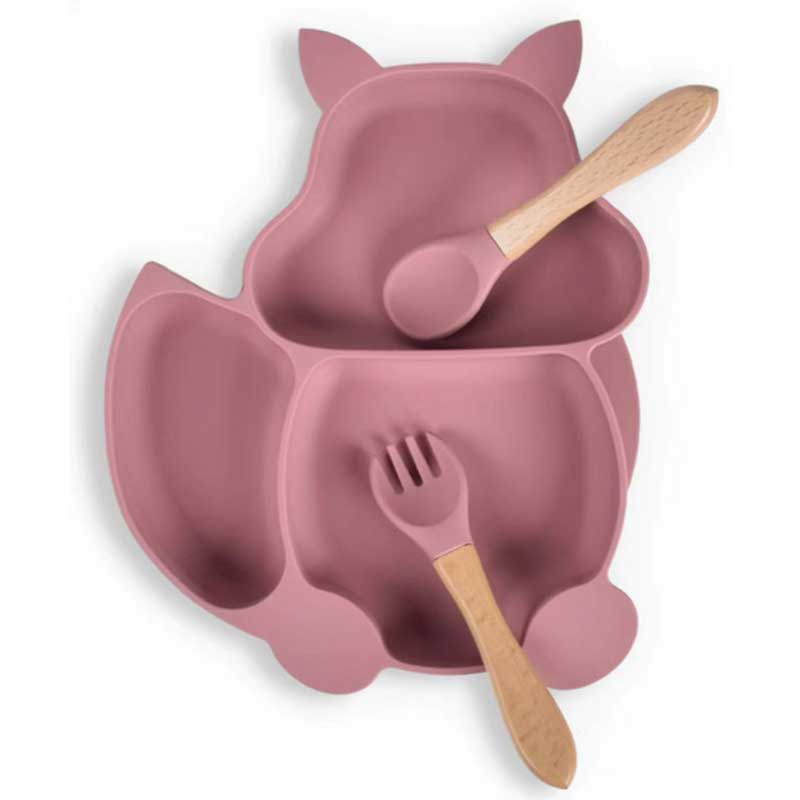 Squirrel-Divided Children's Tabell Provement Supplement Bowl Baby Fork and Spoon Integrated Silicone Bowl BPA Free Baby Feeding Suge Kids Plate Set With Spoon Fork