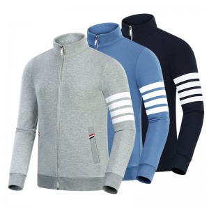 Våren och hösten New Four Bar Cotton Fashion Casual Small Stand Collar Men \\\\ \'S and Women\'s Zipper Long Sleeve Cardigan Coat