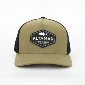 Anpassad 5 Panel Waterproof Army Green Polyester Laser Cut Hole Sports Hat, Perforated Golf Gorras, Rubber Patch Logo Baseball Cap