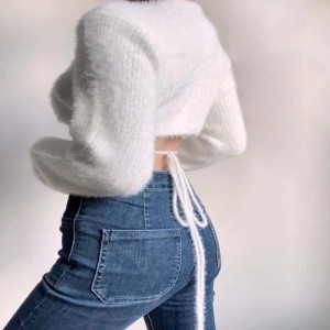 Sexig djup V-ringning Hög midja kort stickad hjärttröja