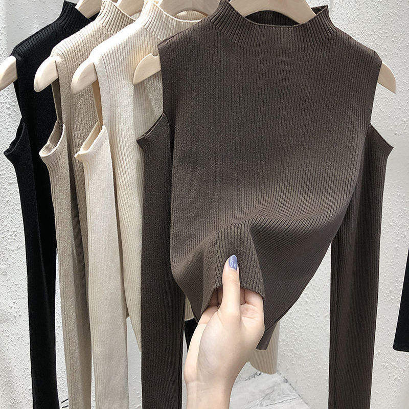 2023 New Fashion Women Winter Sweater Korean Solid Color Off-the-Shoulder Long-Sleeve Top Base Shirt Sweater