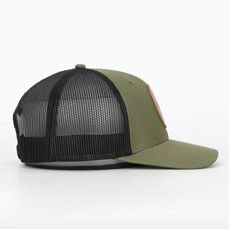 Partihandel anpassad vuxen 6 panel läder lapp logotyp låg profil richardson 112 gorras mesh snap back trucker cap hatt