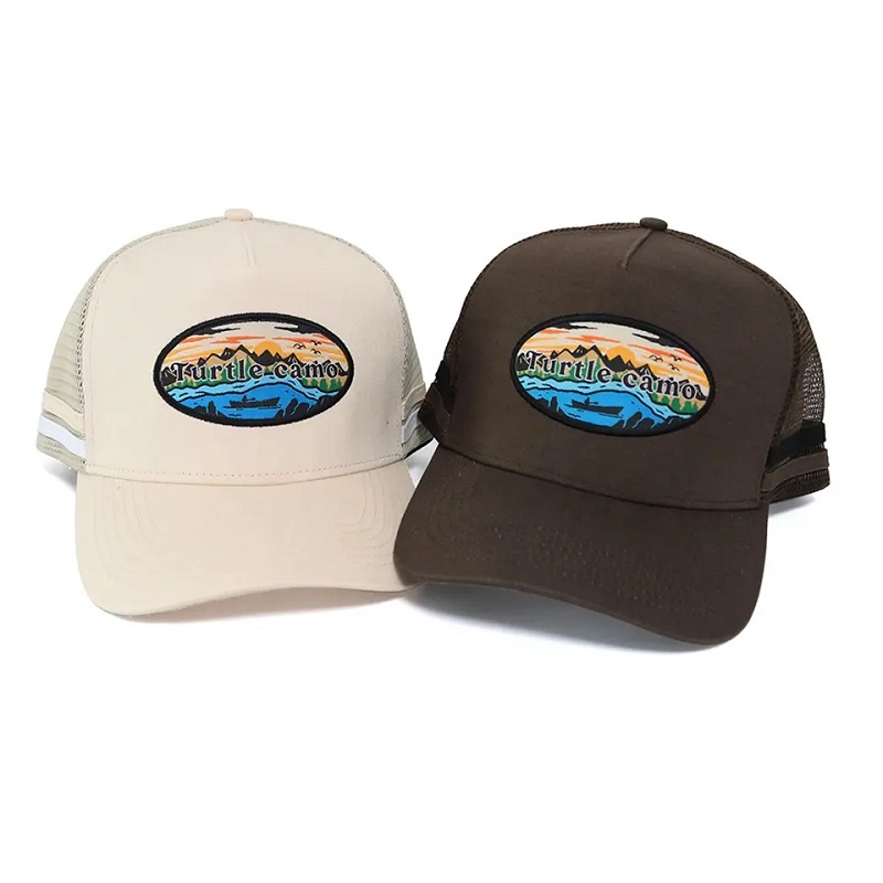 Klassiska anpassade High Crown Australia Country Acrylic 5 Panel 3D Embroidered Logo Side 2 Stripe Trucker Hat Mesh Caps