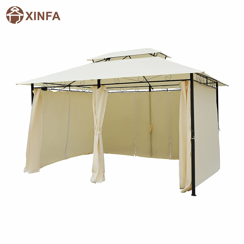 10 \\ 'x 13 \\' Outdoor Soft Top Gazebo Pergola med gardiner, 2-Tier Steel Frame Gazebo för uteplats, gräddevit