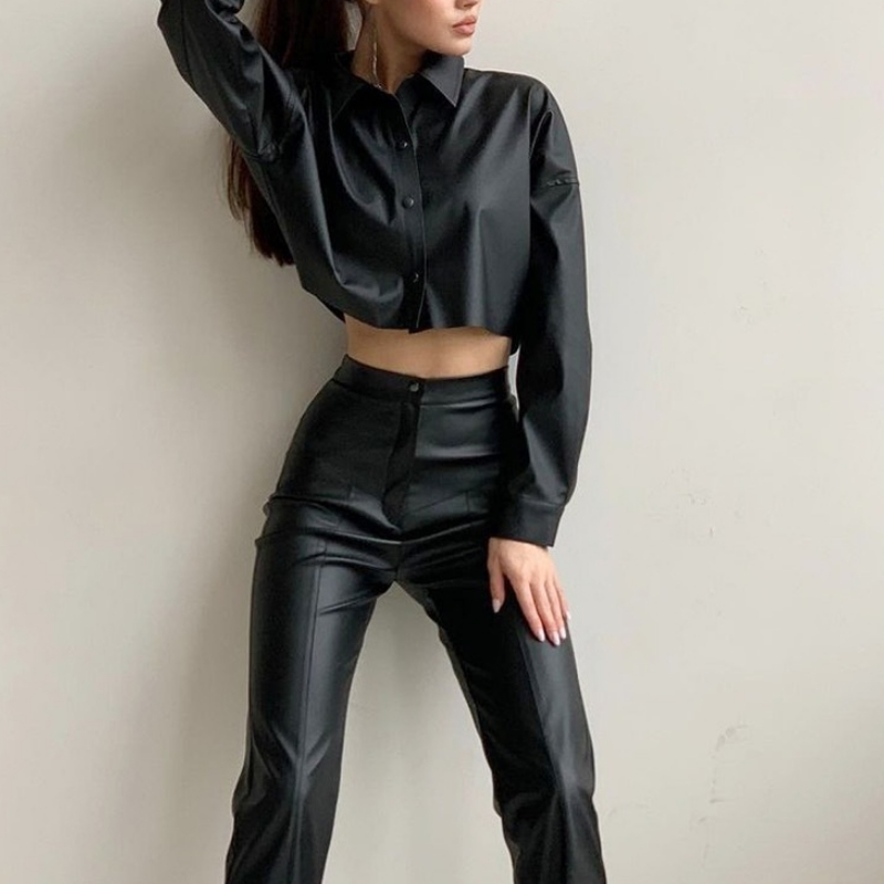 Höst- och vintermotorcykel sexig matt pu läder mikroelastisk långärmad kort skjorta