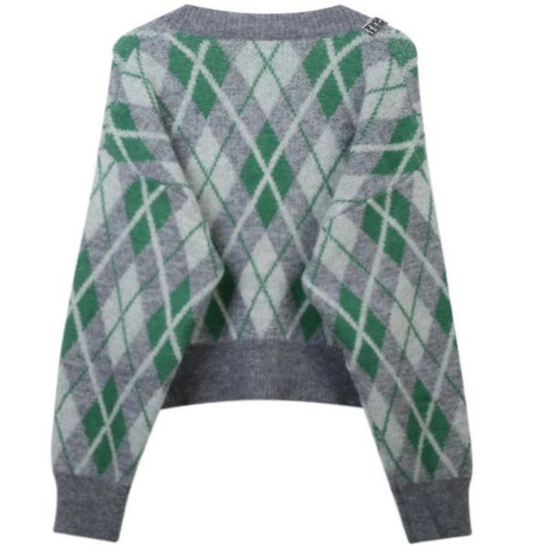 Argyle Jacquard Sticked Mohair Cardigan tröja Kvinnor stickade kläder