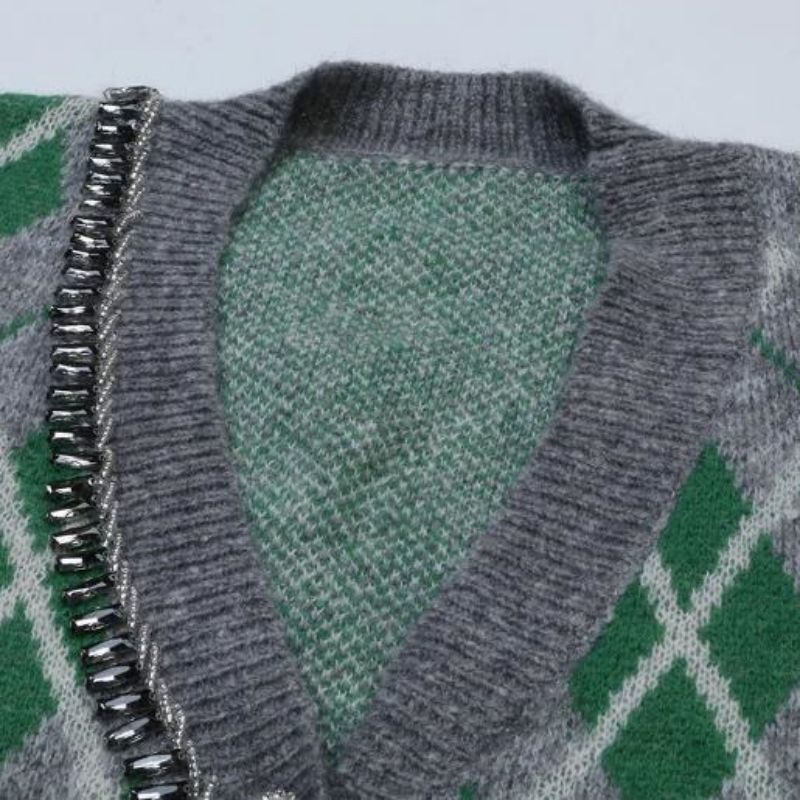 Argyle Jacquard Sticked Mohair Cardigan tröja Kvinnor stickade kläder