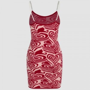 Kärlek hjärtmönster tryck klänningar kort ärm klänning sommar sundress shein sexig stickad