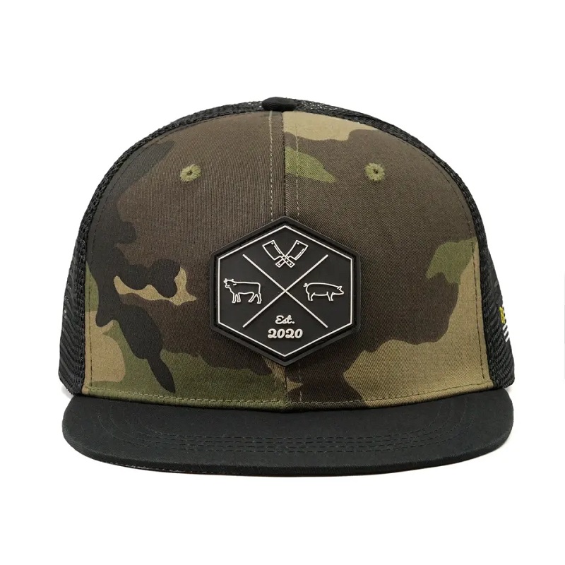 Partihandel anpassad hiphop camo snapback mesh broderad lapp logotyp anpassad 6 panel platt grim trucker mössa och hatt