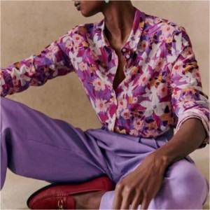 Nya franska eleganta moderna tryckta mönster som flyter siden och bomullsblandning långärmad tunn skjorta