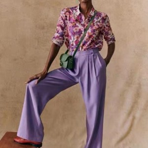 Nya franska eleganta moderna tryckta mönster som flyter siden och bomullsblandning långärmad tunn skjorta