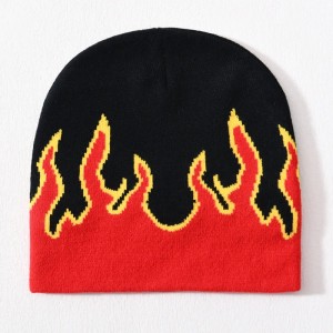 Partihandel skalle skid akryl stickad hatt hiphop manschetter över hela utskrift design anpassad logotyp unisex vinter jacquard flamma beanie
