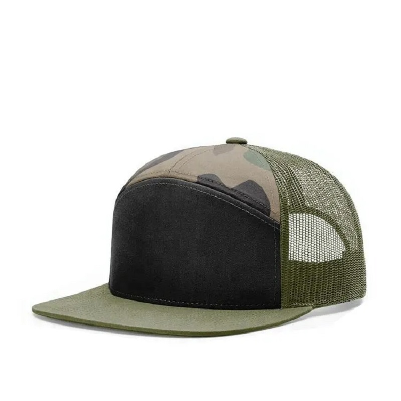 Högkvalitativ anpassad Plain 7 -panel Mesh Trucker Hat Snapback -hattar