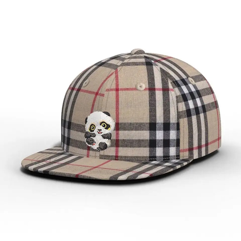 Grossist högkvalitativt anpassad färgkartongpanda kontrollerad hatt rutig platt grim snapback cap