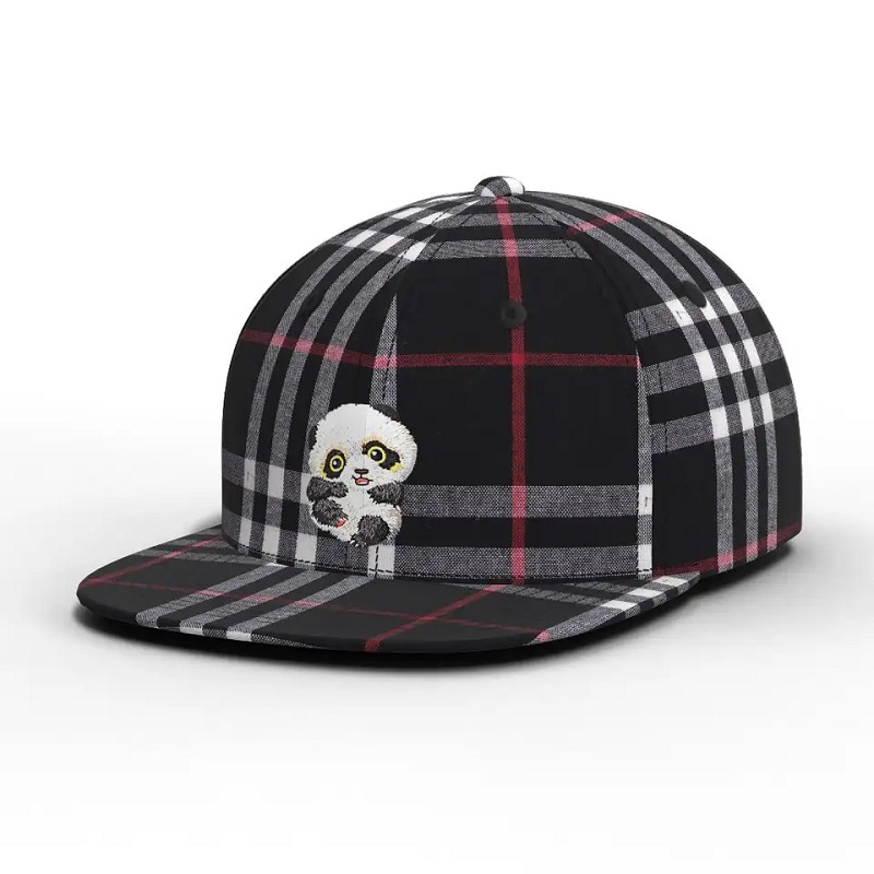 Grossist högkvalitativt anpassad färgkartongpanda kontrollerad hatt rutig platt grim snapback cap