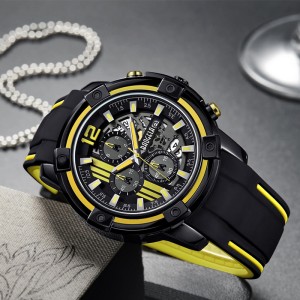 Baogel Men \\\\ \'s Black Silicone Strap Quartz Watches Chronograph Sports Wristwatch For Man 3atm Waterproof Luminous Hands Yellow 22701