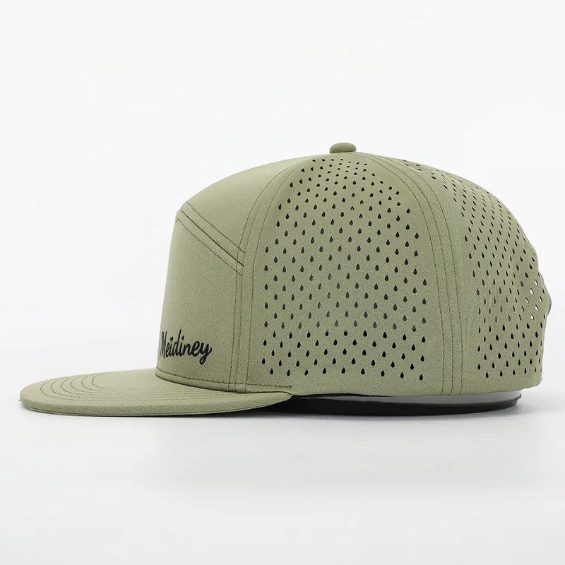 OEM Custom High Quality Brodery Logo Luxury 7 Panel Snapback Cap Vuxen Flat Bill Snap Back Hat With Laser Cut Holes