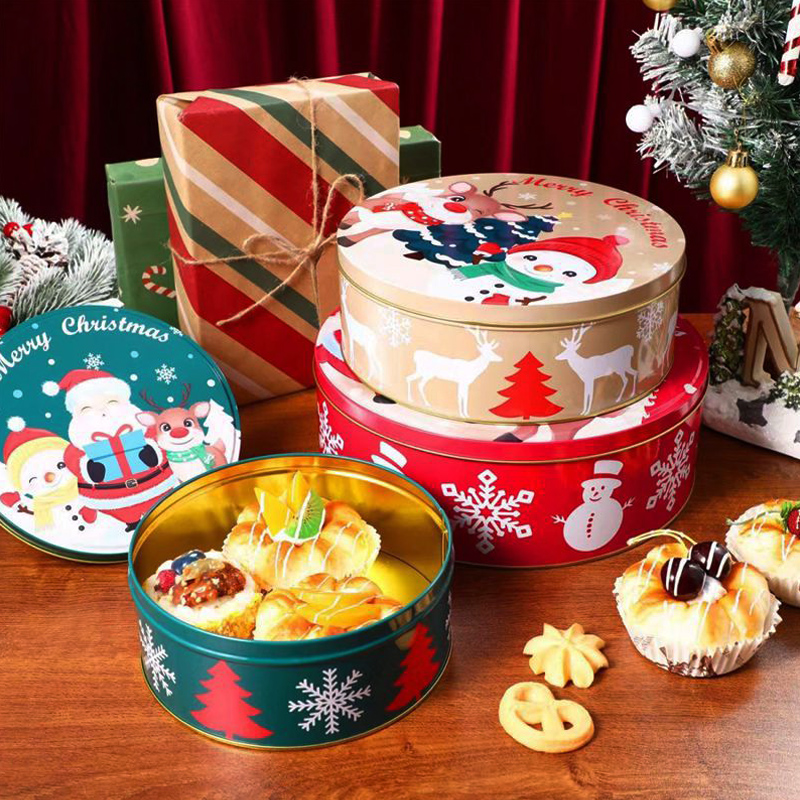 Julgåva Box Three-Piece Round Box Cookie Packaging Box Christmas Tin Box Manufactur Custom Tin Box