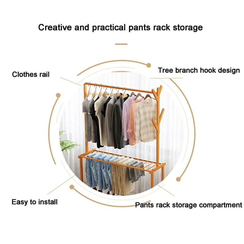Två lager förvaringsställ av tungt rullande dragstångtyp kläder hängande stavgolv garderob bambu