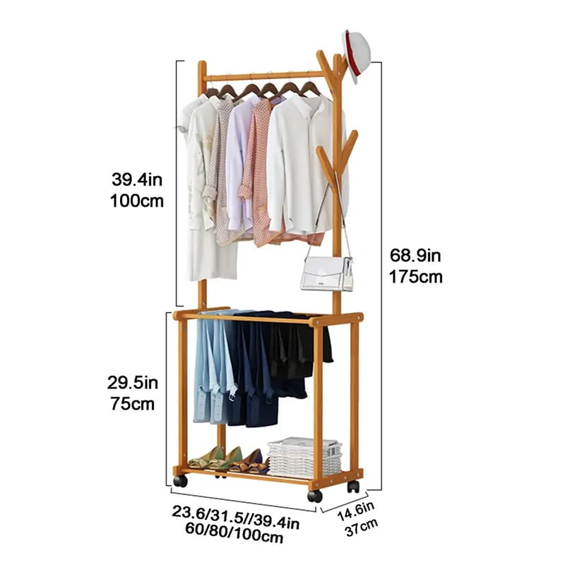 Två lager förvaringsställ av tungt rullande dragstångtyp kläder hängande stavgolv garderob bambu
