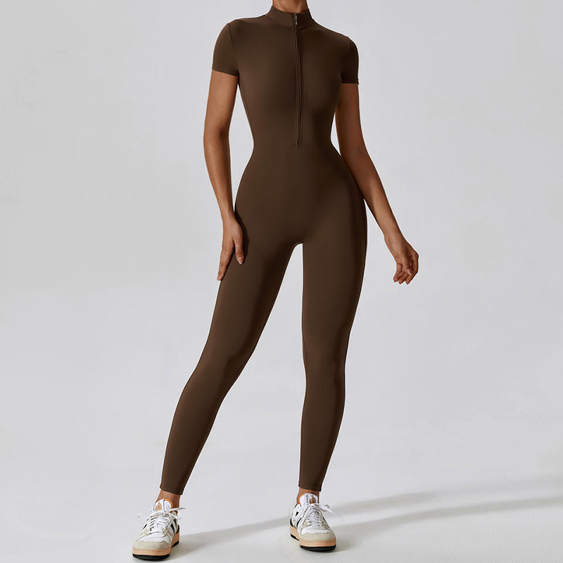 SC1075 One Piece Workout Yoga Jumpsuits Solid SHORT SLEVE Half Zip Gym Romper Bodysuit