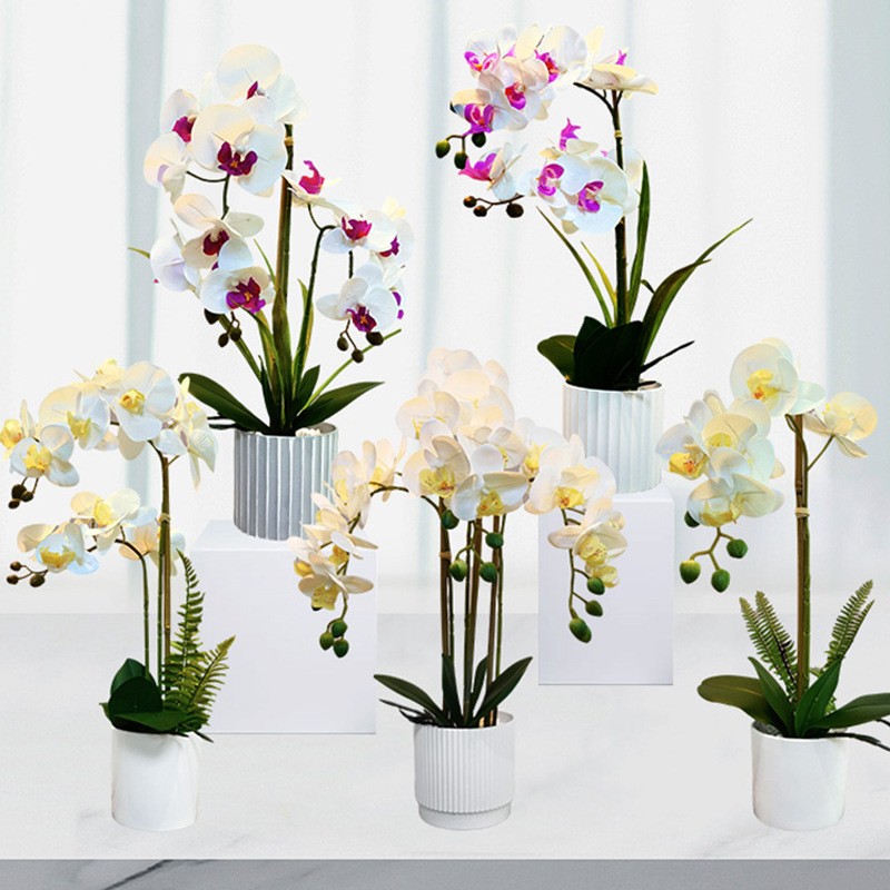Partihandel verklig touch vit konstgjord fjäril orkidéblomma i vit potten