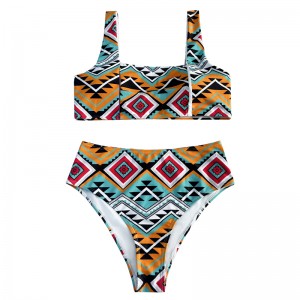 Casual och bekväm blommignationell stil tillbaka ihålig bred remväst stil tvådelar baddräkt