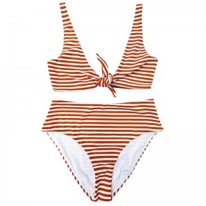 Orange orange vit remsa bred axel båge bekväm hög midja tvådelar baddräkt