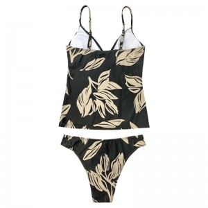 DrawString Vest Pleated V-hals Green Leaf Printed Two-Piece Swimsuit