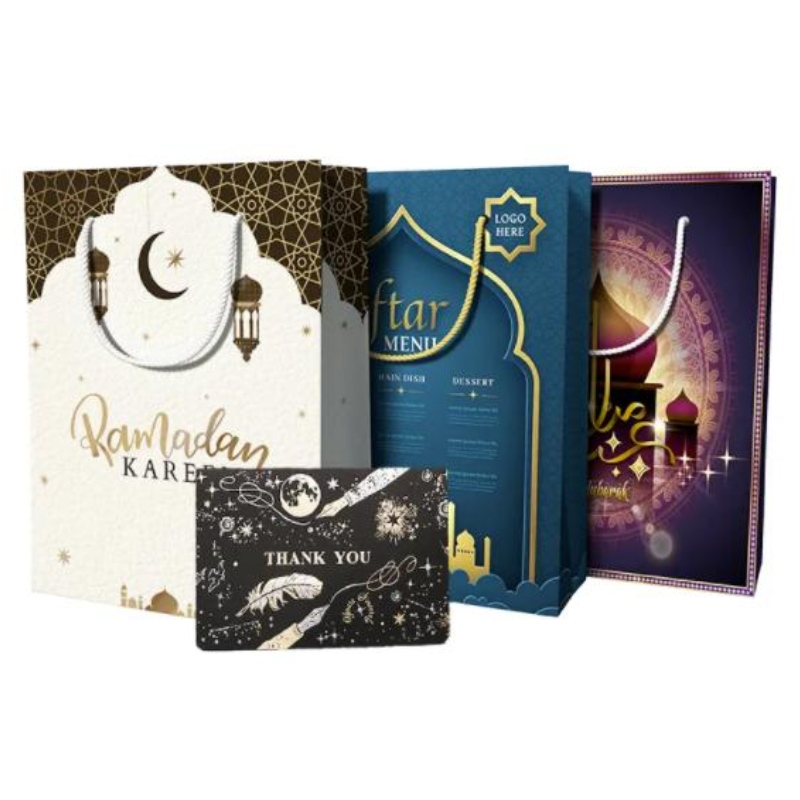 Anpassad design återanvändbar Eid Mubarak Ramanda Muslin Islamisk festival Shopping Packaging Paper Presentväskor med handtag