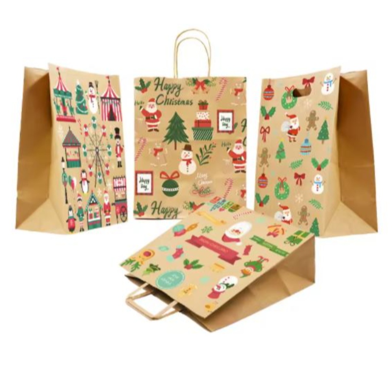 Julpapperspåsar bruna med tvinnade handtag anpassade festliga presentpåsar med egna Badge Wholesale Paper Pappsäckar